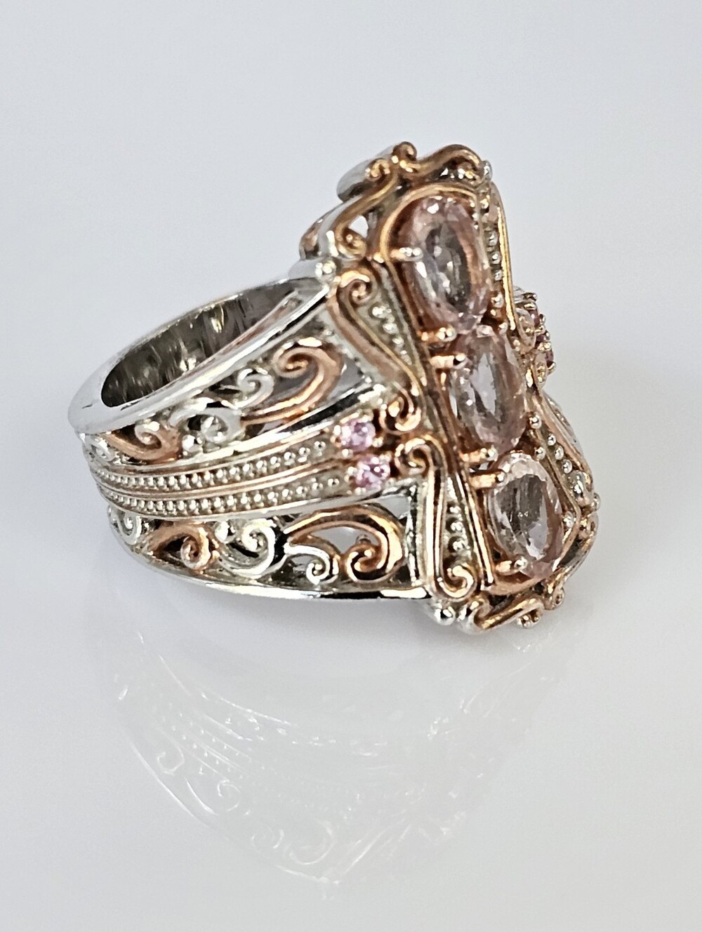 Genuine Morganite & Sapphire Ring 18K Rose Gold Palladium Sterling Silver Sz 7 - Picture 10 of 11